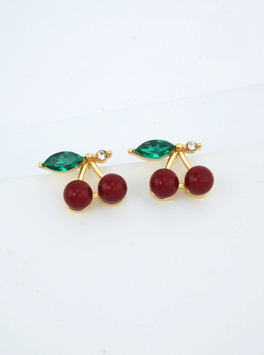 14K Gold-Dipped Cherry Stud Earrings With CZ