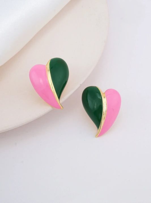 14K Gold-Dipped Pink & Green Heart Stud Earrings