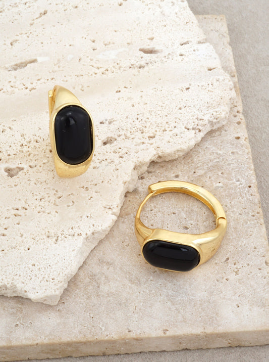 14K Gold-Dipped Black Stone Huggie Earrings