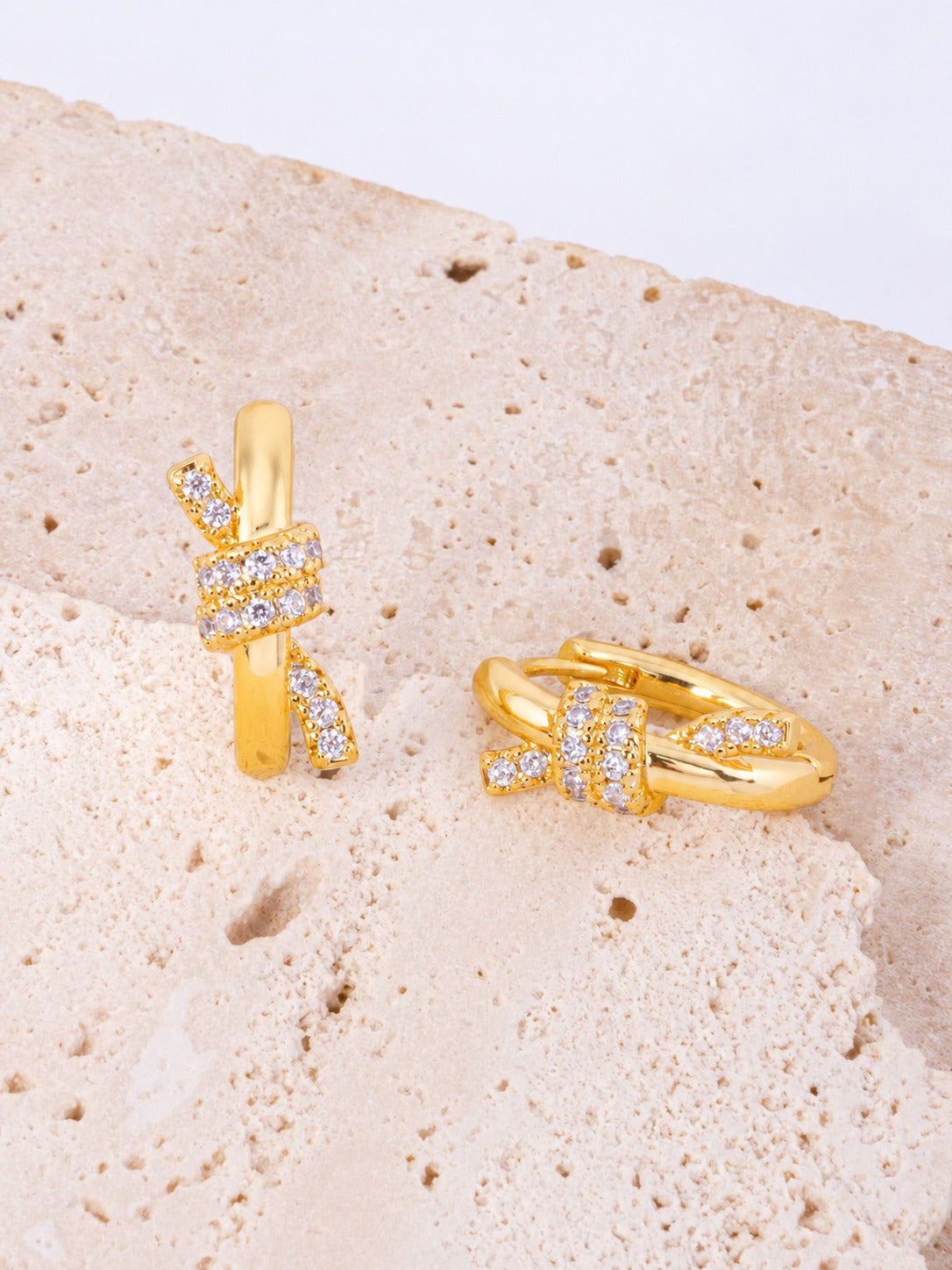 14K Gold Dipped CZ Bow Knot Huggie Earrings - Gold Crystal