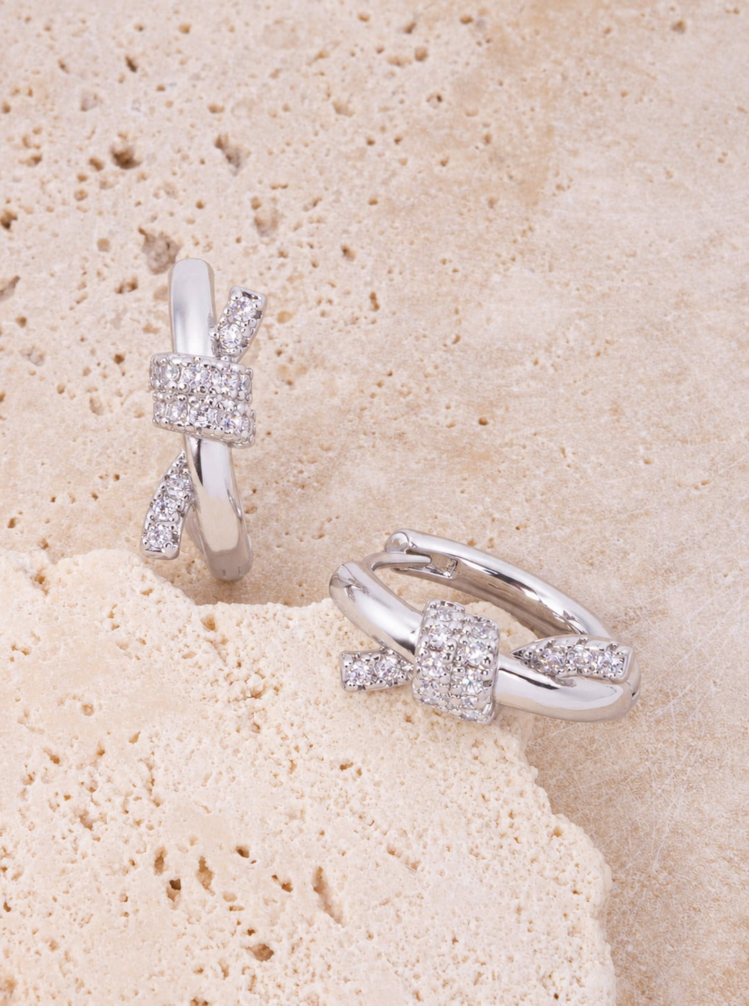 14K Gold Dipped CZ Bow Knot Huggie Earrings - Rhodium Crystal