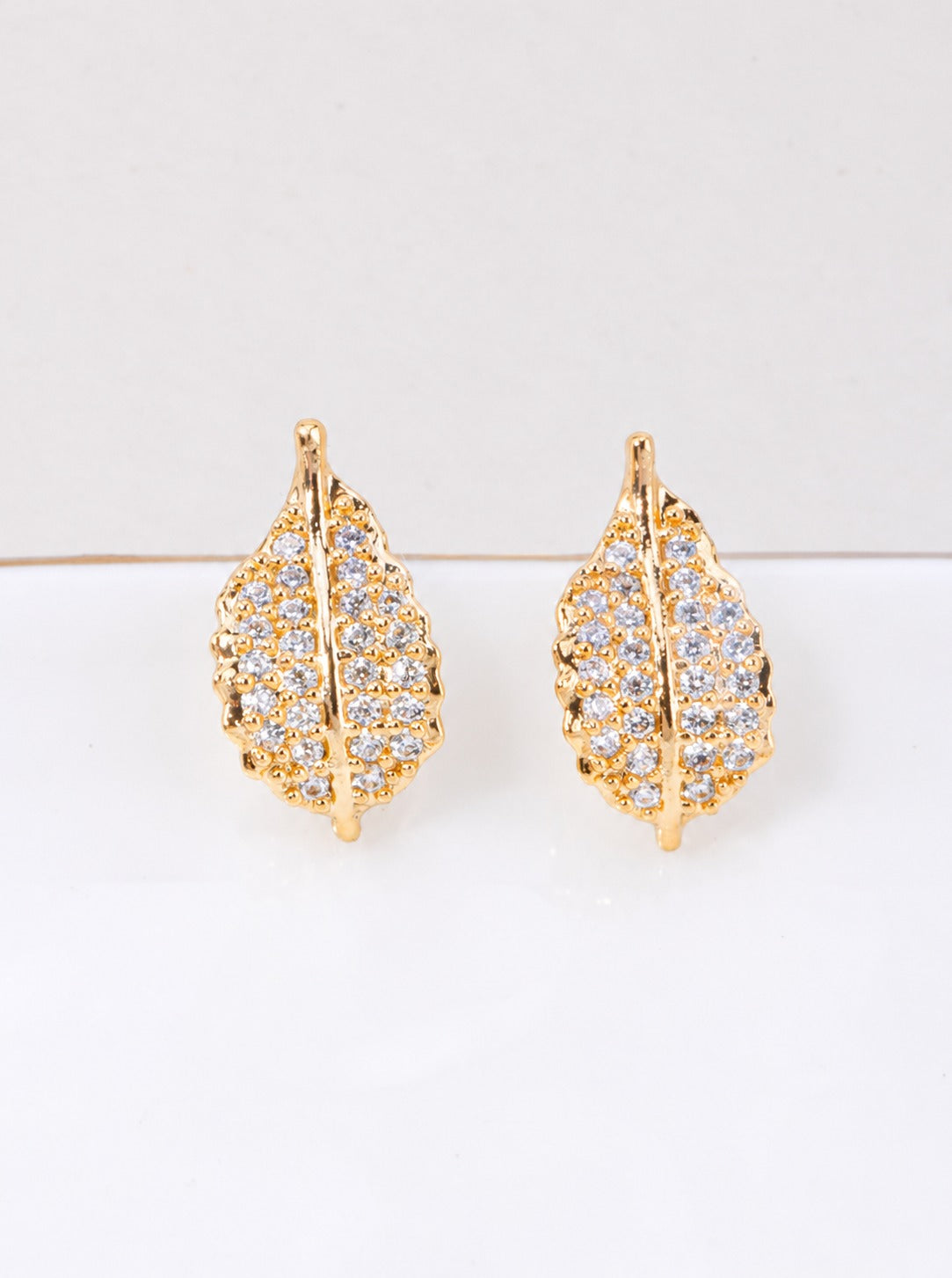 14K Gold Dipped CZ Pave Leaf Stud Earrings - Gold Crystal
