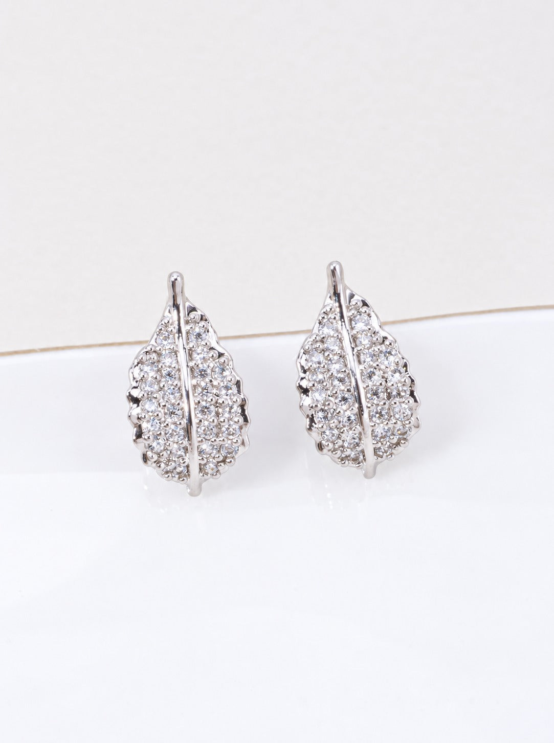 14K Gold Dipped CZ Pave Leaf Stud Earrings - Rhodium Crystal