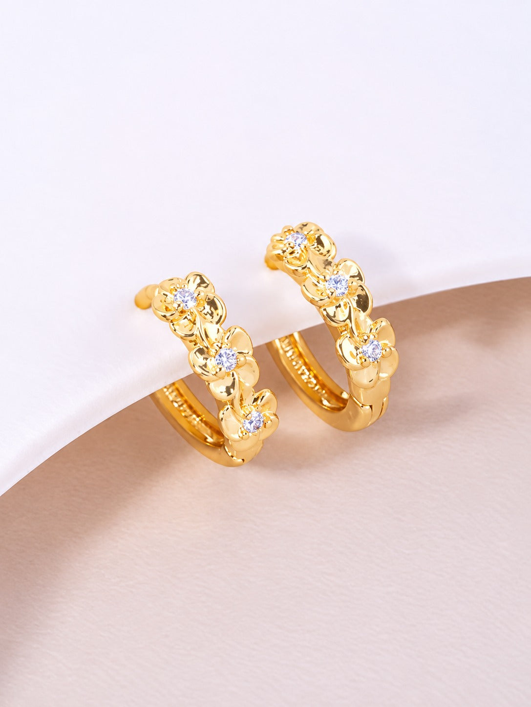 14K Gold Dipped CZ Flower Huggie Hoop Earrings - Gold Crystal