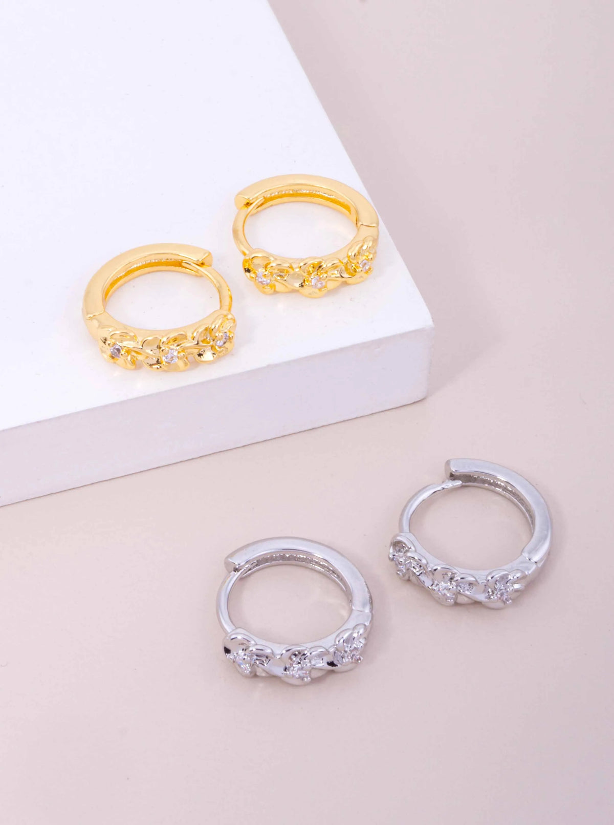 14K Gold Dipped CZ Flower Huggie Hoop Earrings - Gold Crystal