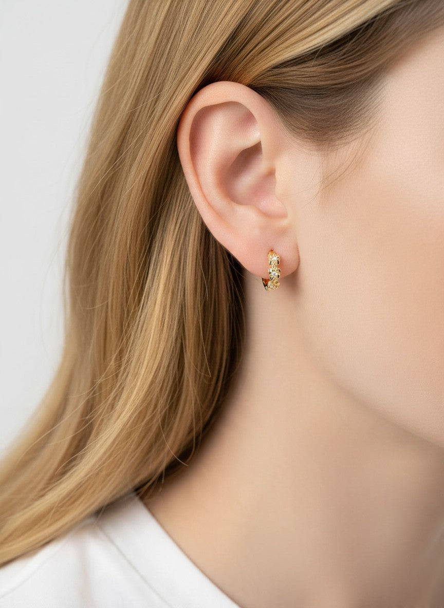 14K Gold Dipped CZ Flower Huggie Hoop Earrings - Gold Crystal