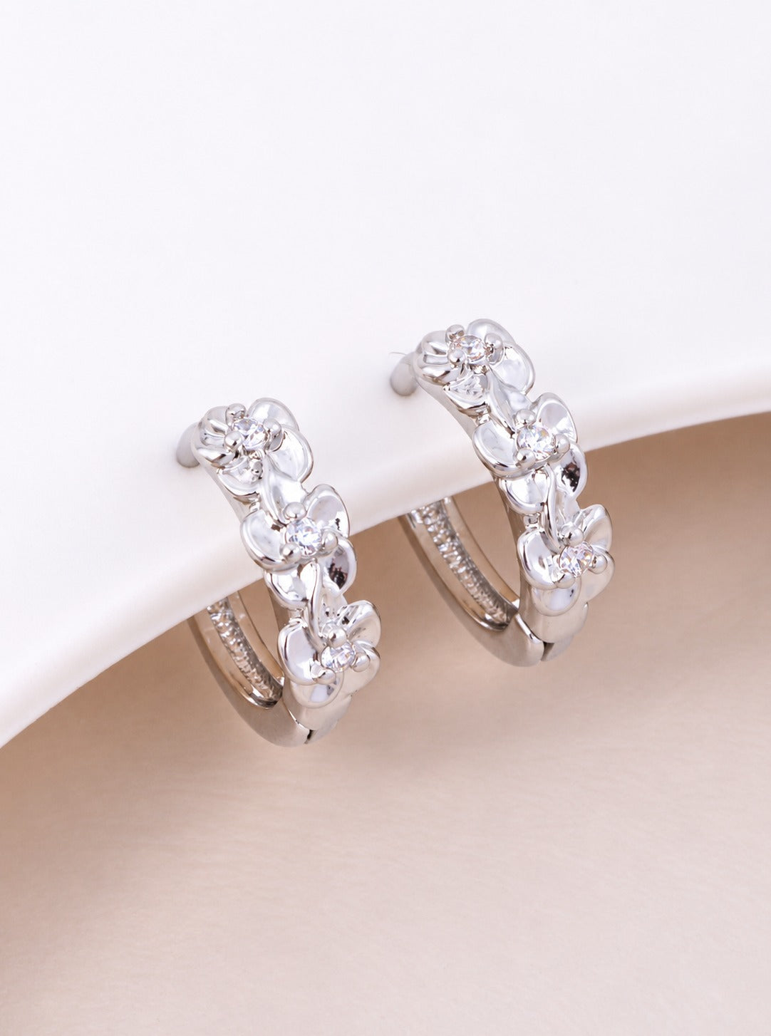 14K Gold Dipped CZ Flower Huggie Hoop Earrings - Rhodium Crystal