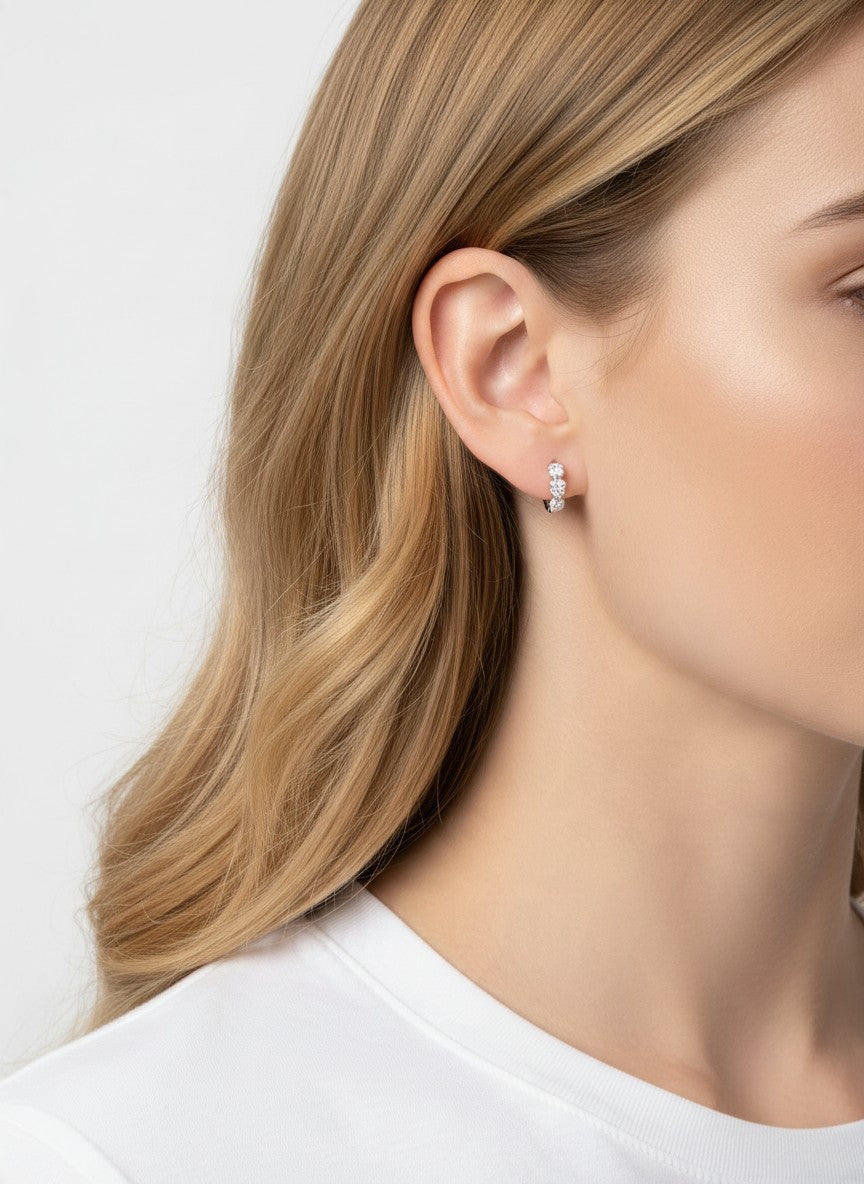 14K Gold Dipped CZ Flower Huggie Hoop Earrings - Rhodium Crystal
