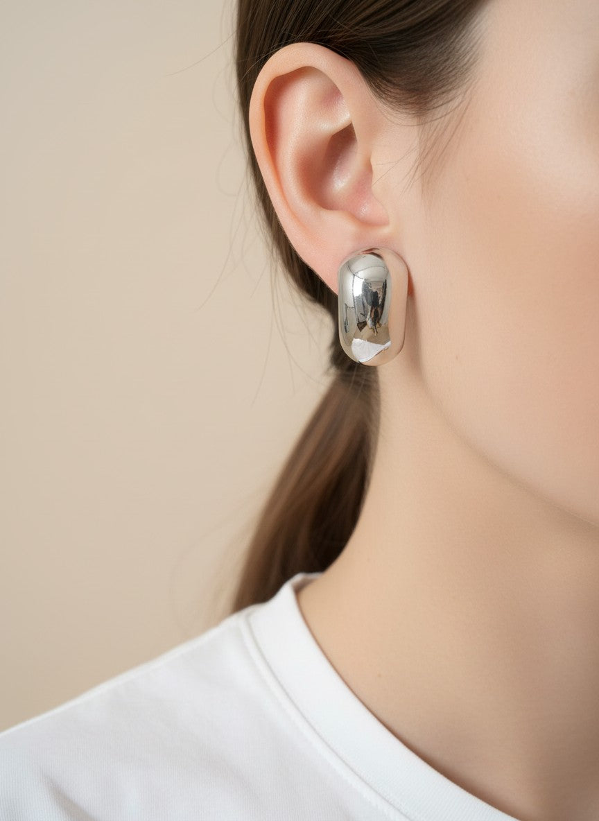 14K Gold Dipped Geometric Dome Stud Earrings - Rhodium