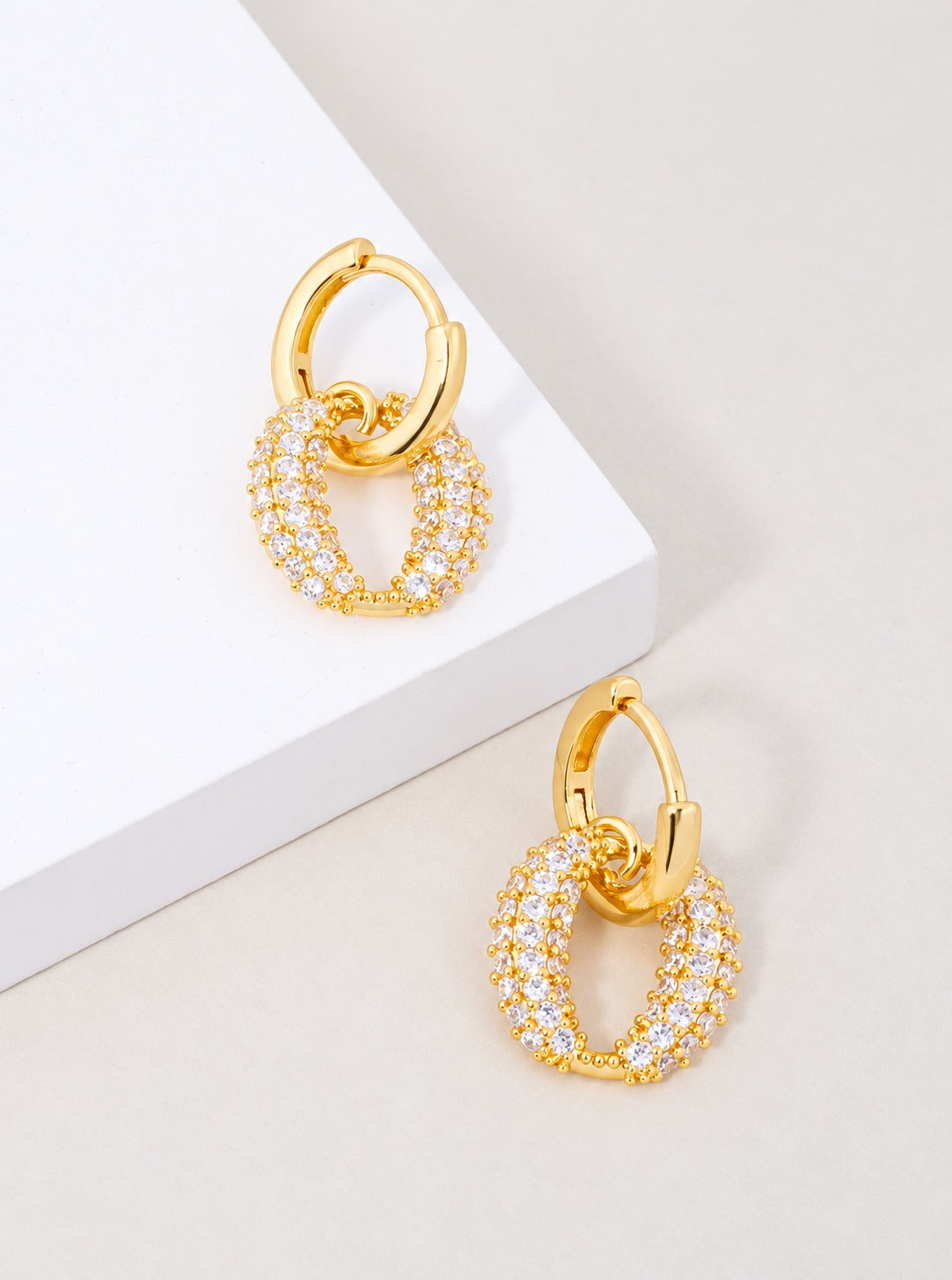 14K Gold Dipped CZ Pave Oval Hoop Earrings - Gold Crystal