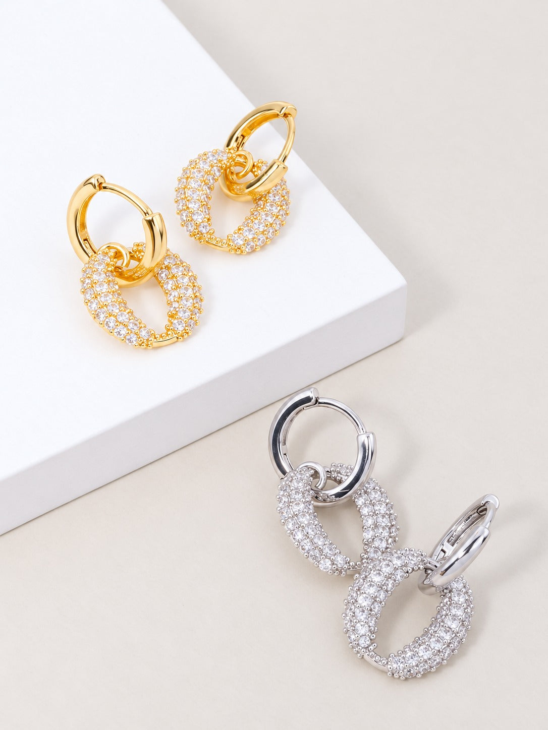 14K Gold Dipped CZ Pave Oval Hoop Earrings - Gold Crystal
