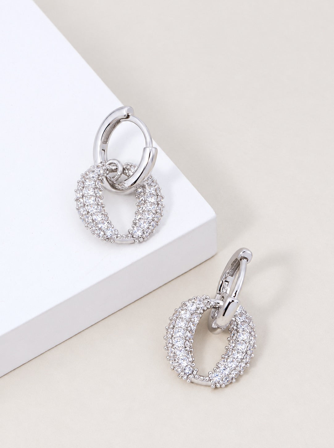 14K Gold Dipped CZ Pave Oval Hoop Earrings - Rhodium Crystal