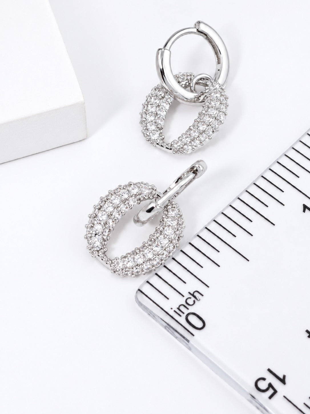 14K Gold Dipped CZ Pave Oval Hoop Earrings - Rhodium Crystal