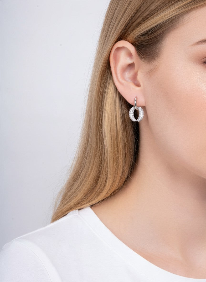 14K Gold Dipped CZ Pave Oval Hoop Earrings - Rhodium Crystal