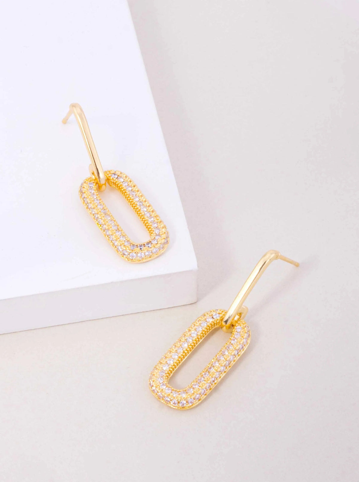 14K Gold Dipped CZ Pave Rectangle Drop Earrings - Gold Crystal