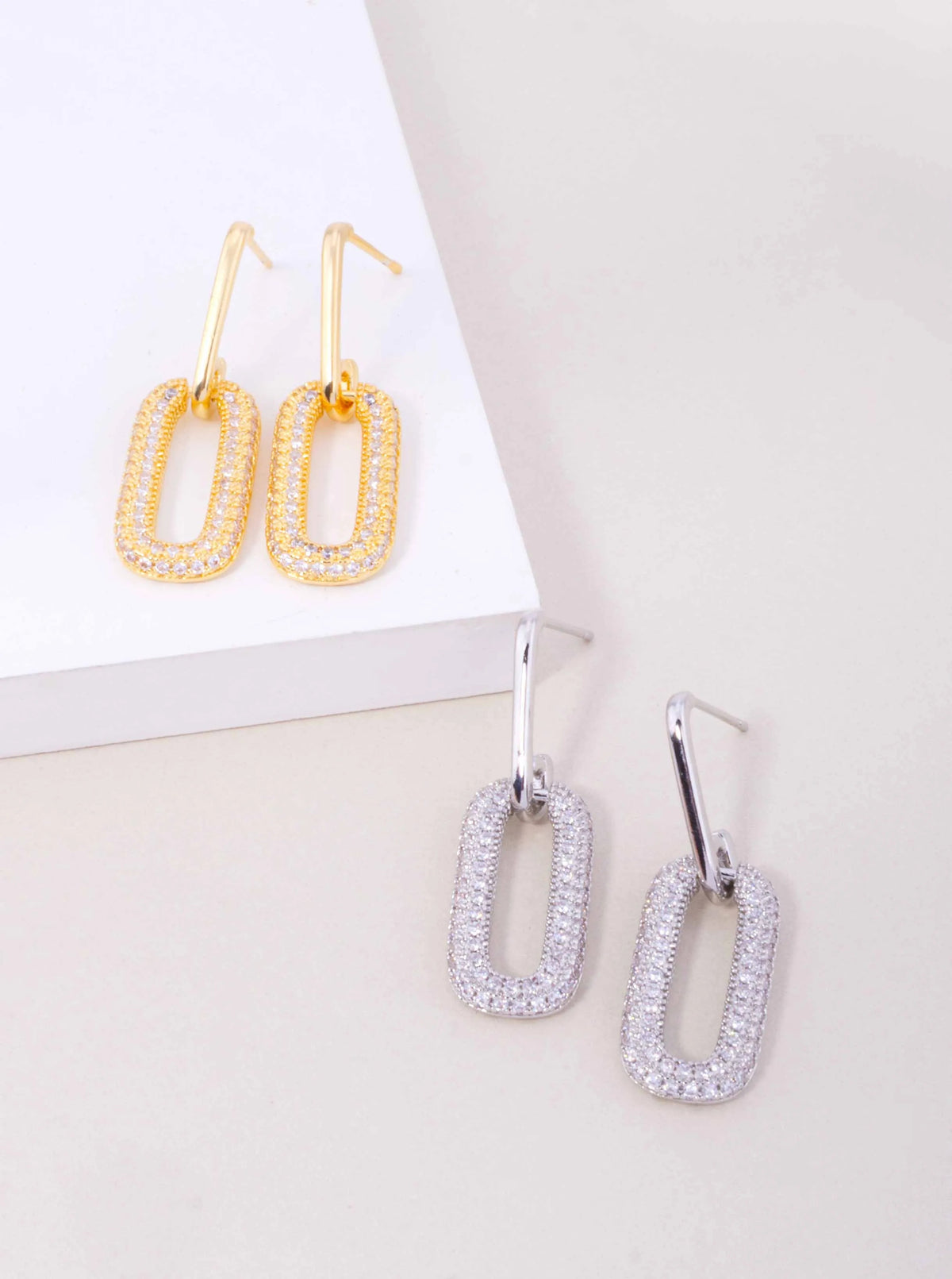 14K Gold Dipped CZ Pave Rectangle Drop Earrings - Gold Crystal