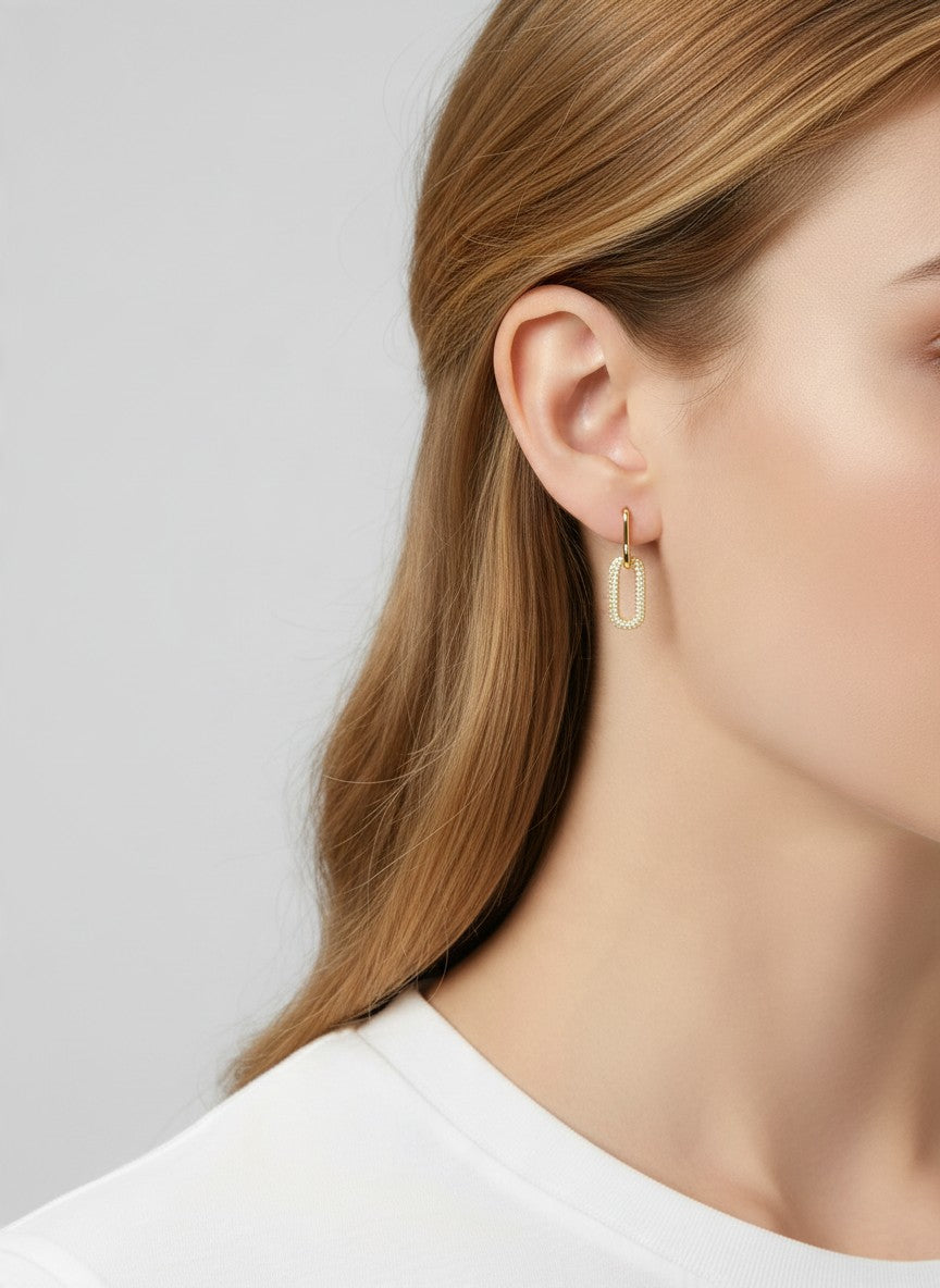 14K Gold Dipped CZ Pave Rectangle Drop Earrings - Gold Crystal