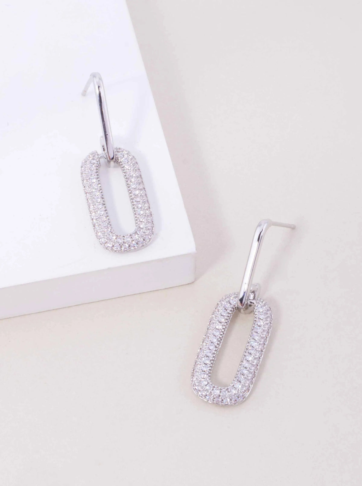 14K Gold Dipped CZ Pave Rectangle Drop Earrings - Rhodium Crystal