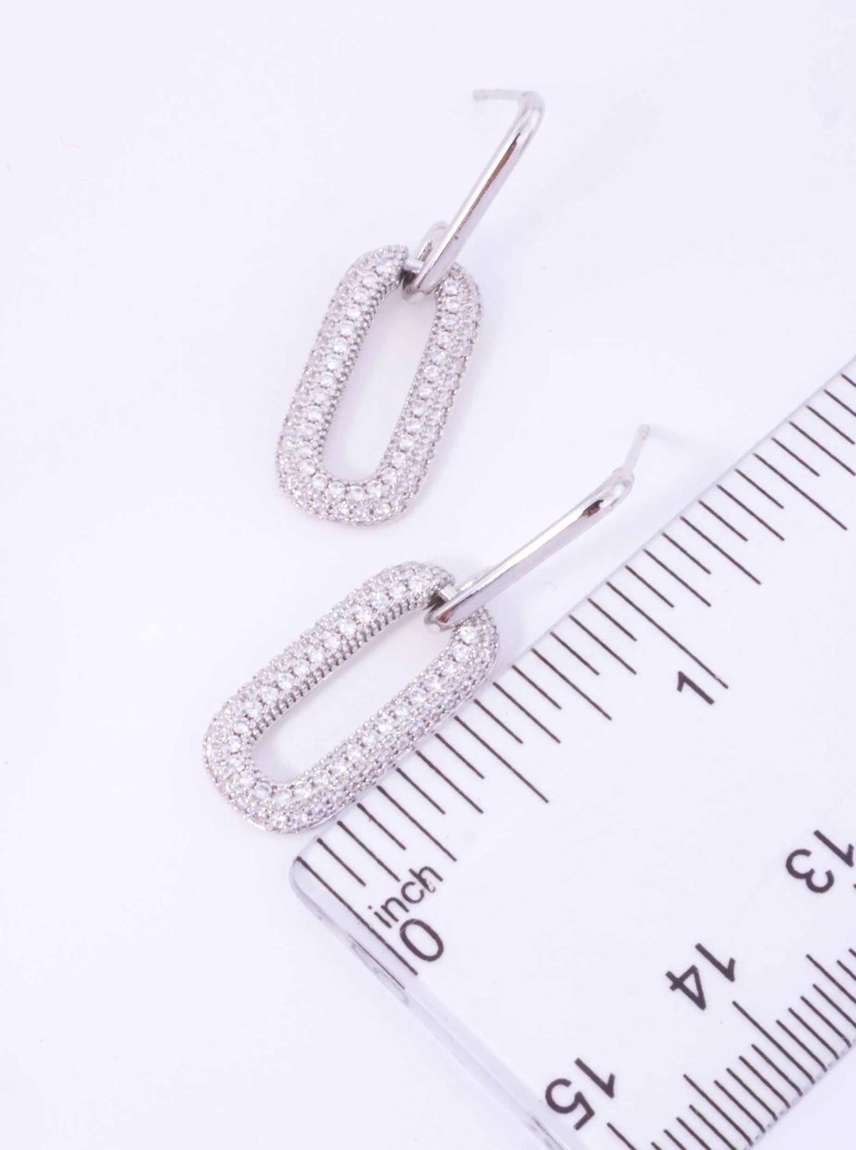 14K Gold Dipped CZ Pave Rectangle Drop Earrings - Rhodium Crystal