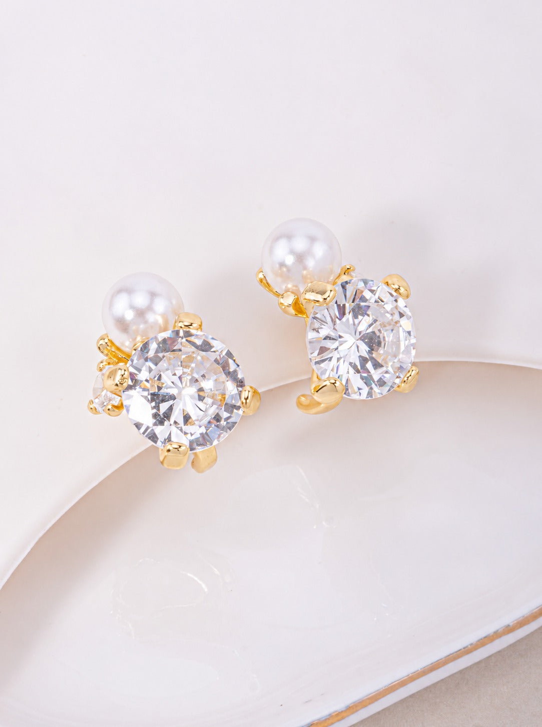 14K Gold Dipped CZ Round Pearl Stud Earrings - Gold White