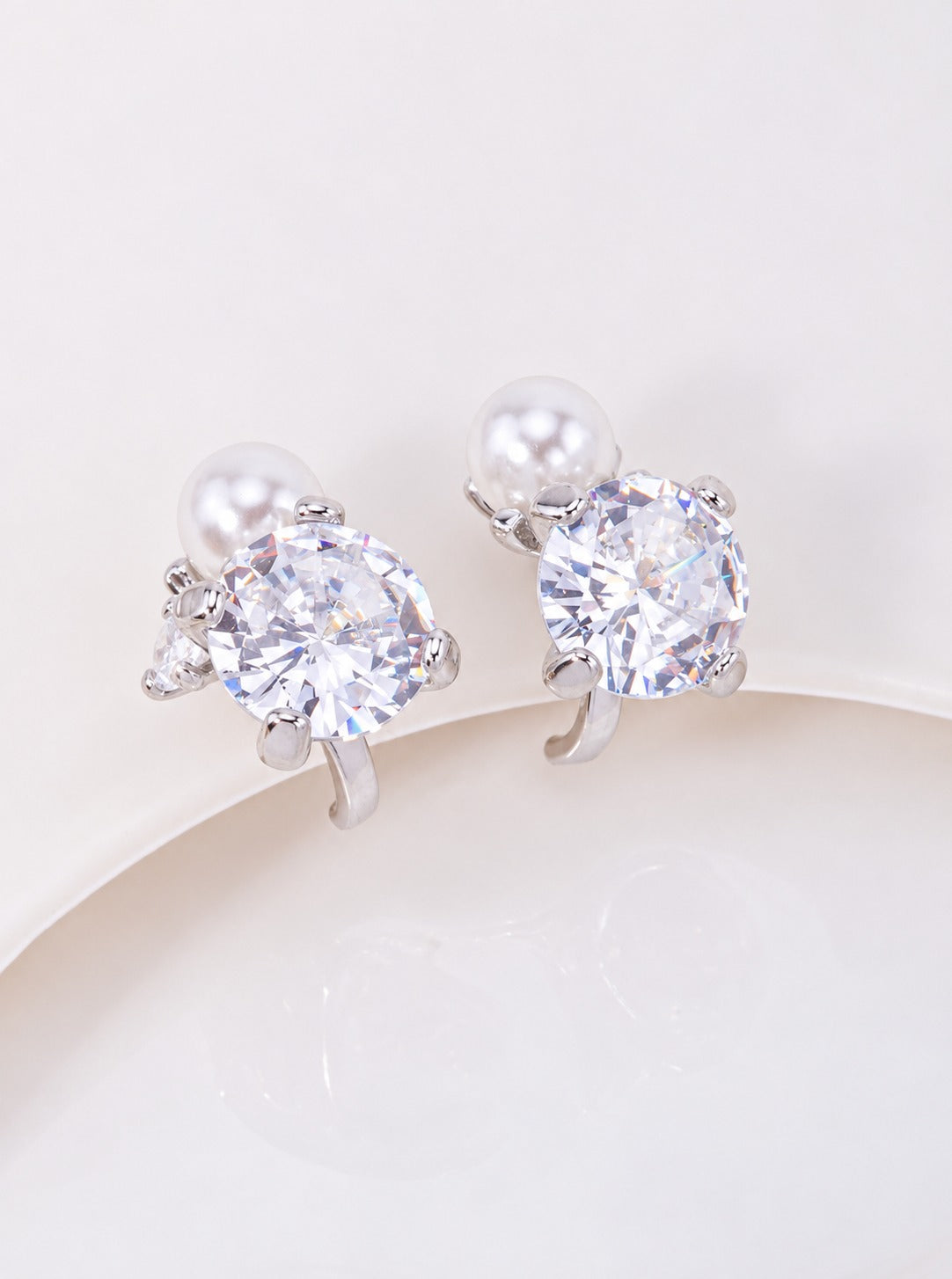 14K Gold Dipped CZ Round Pearl Stud Earrings - Rhodium White