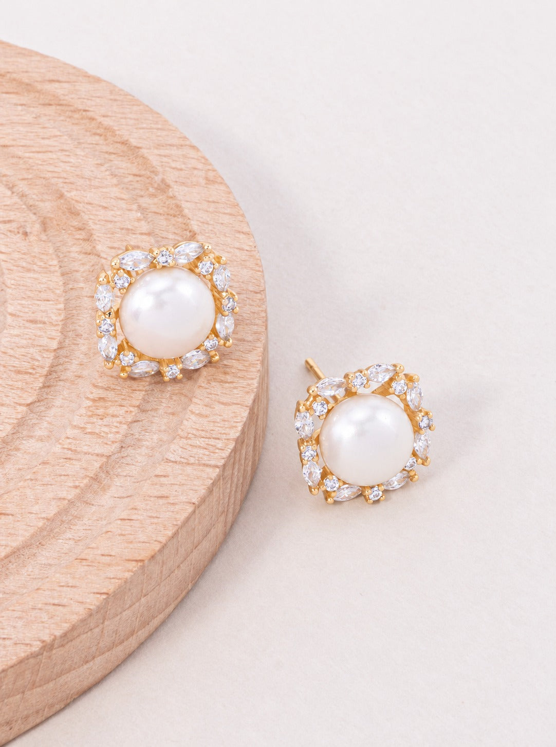 14K Gold Dipped CZ Pearl Round Stud Earrings - Gold White