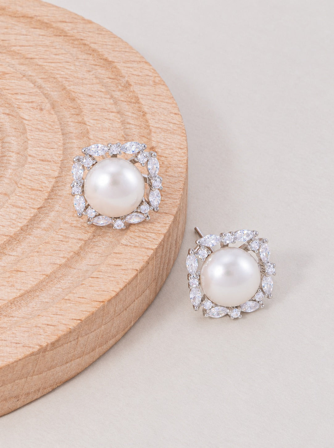 14K Gold Dipped CZ Pearl Round Stud Earrings - Rhodium White