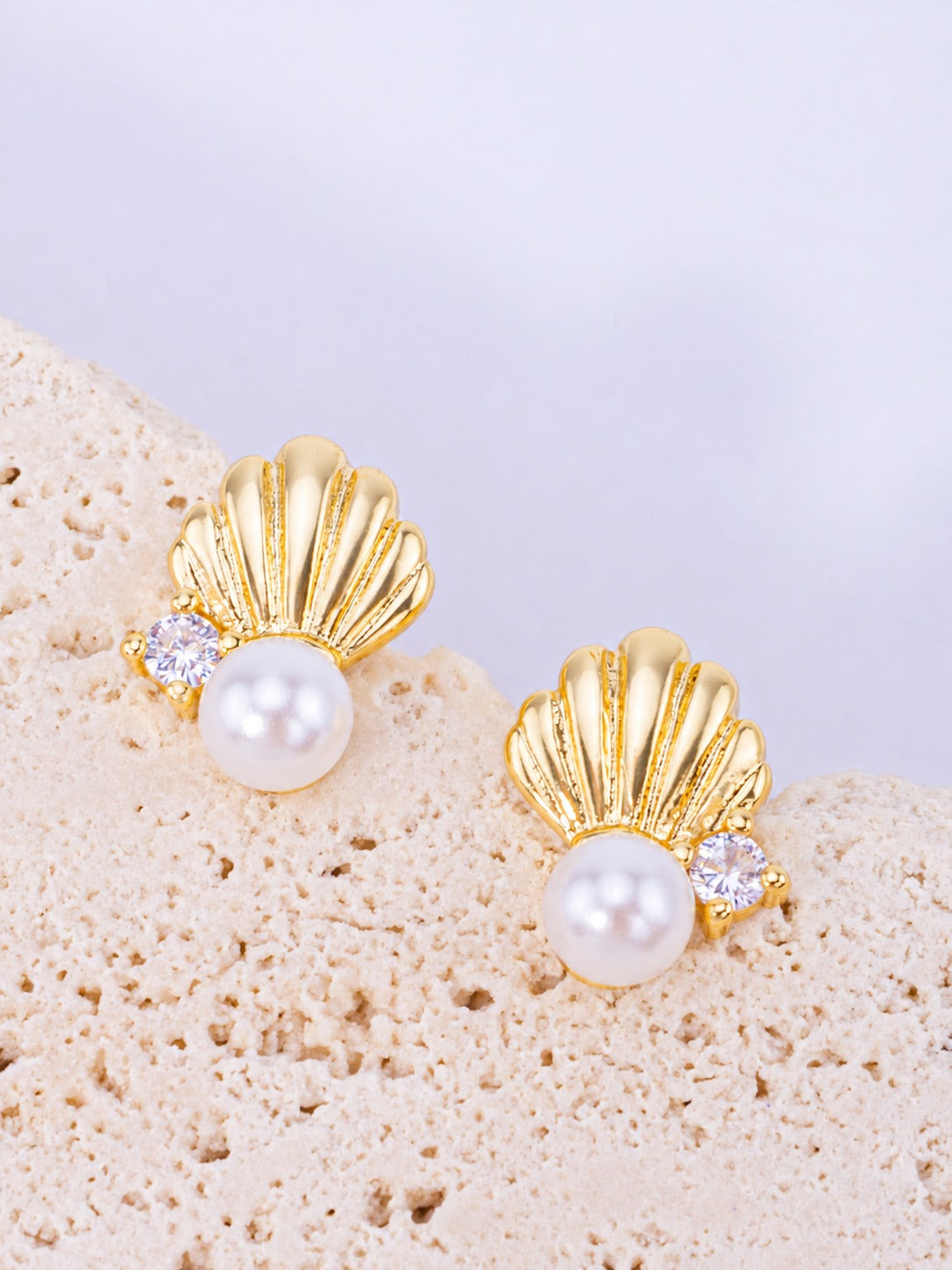 14K Gold Dipped CZ Pearl Seashell Stud Earrings - Gold White