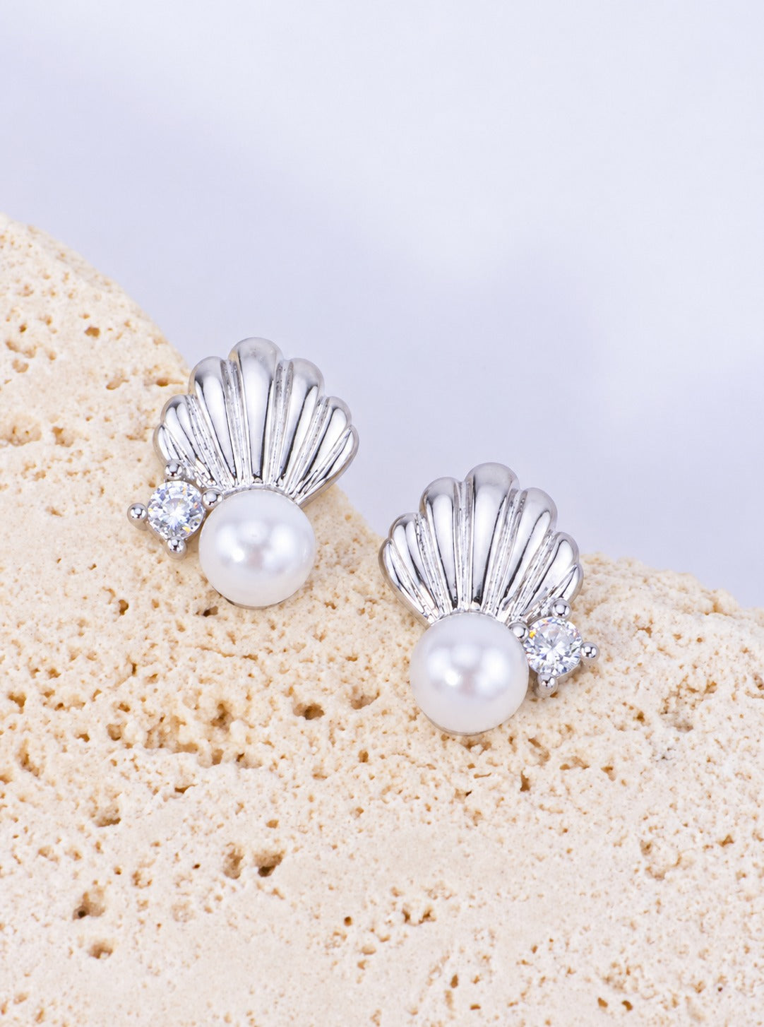 14K Gold Dipped CZ Pearl Seashell Stud Earrings - Rhodium White