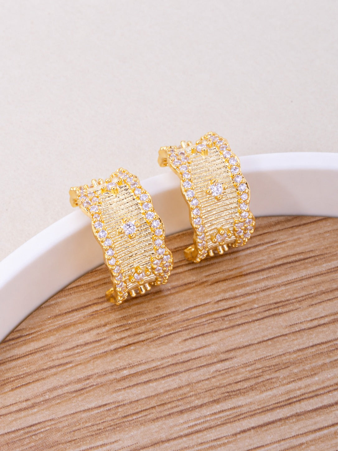 14K Gold Dipped CZ Ribbed Wide Hoop Earrings - Gold Crystal