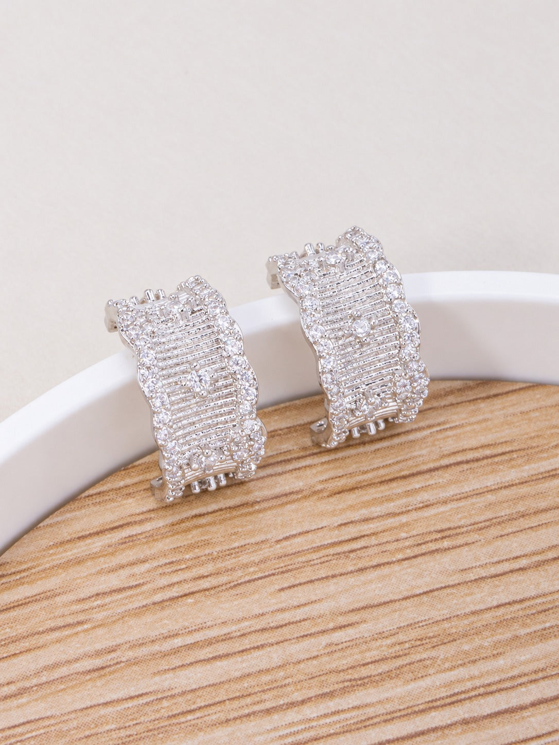 14K Gold Dipped CZ Ribbed Wide Hoop Earrings - Rhodium Crystal