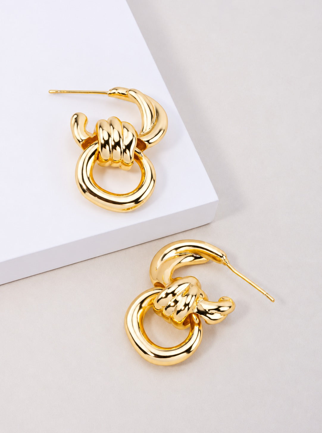 14K Gold Dipped Polished Knot Hoop Drop Earrings - Gold