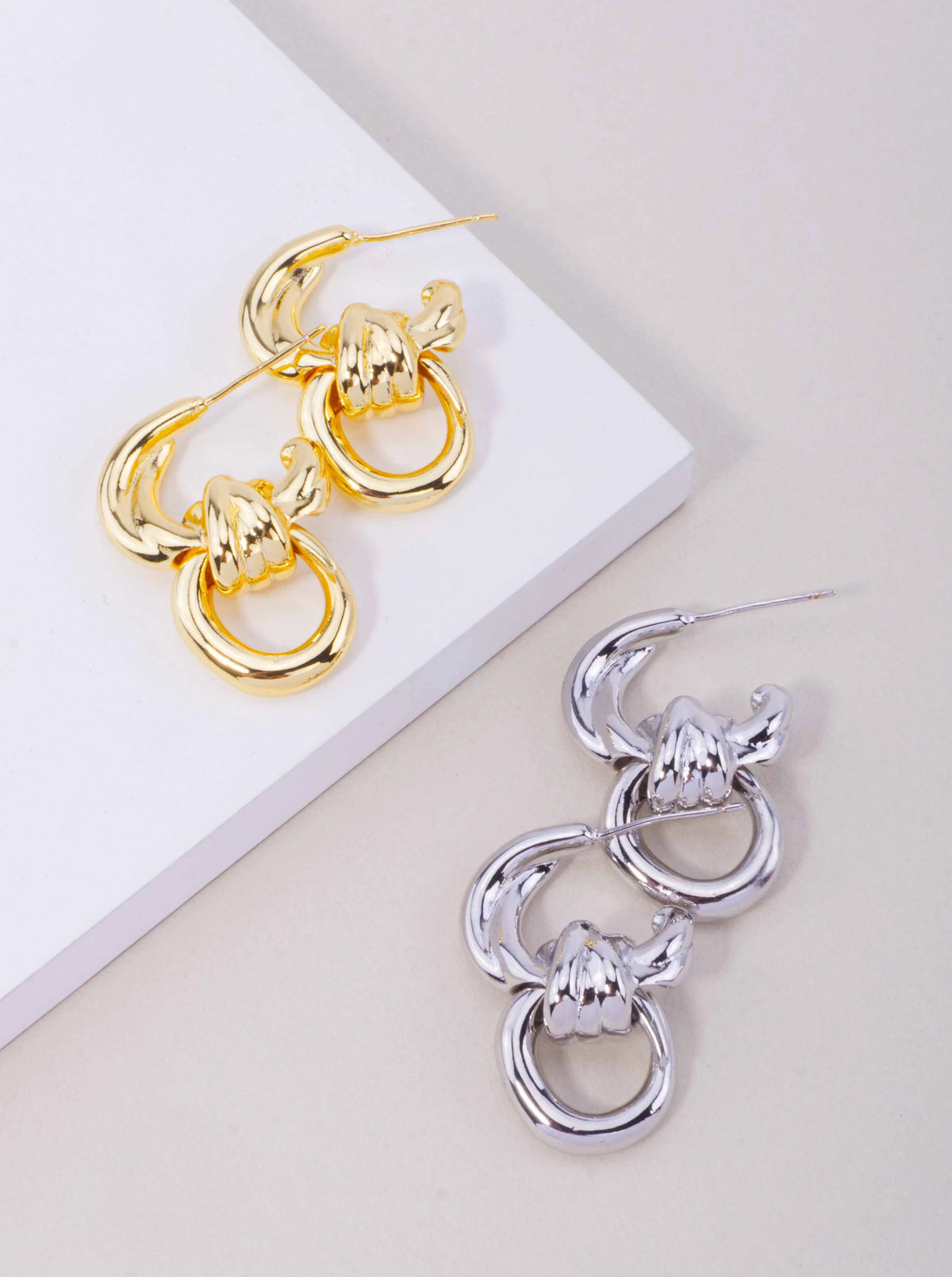 14K Gold Dipped Polished Knot Hoop Drop Earrings - Gold