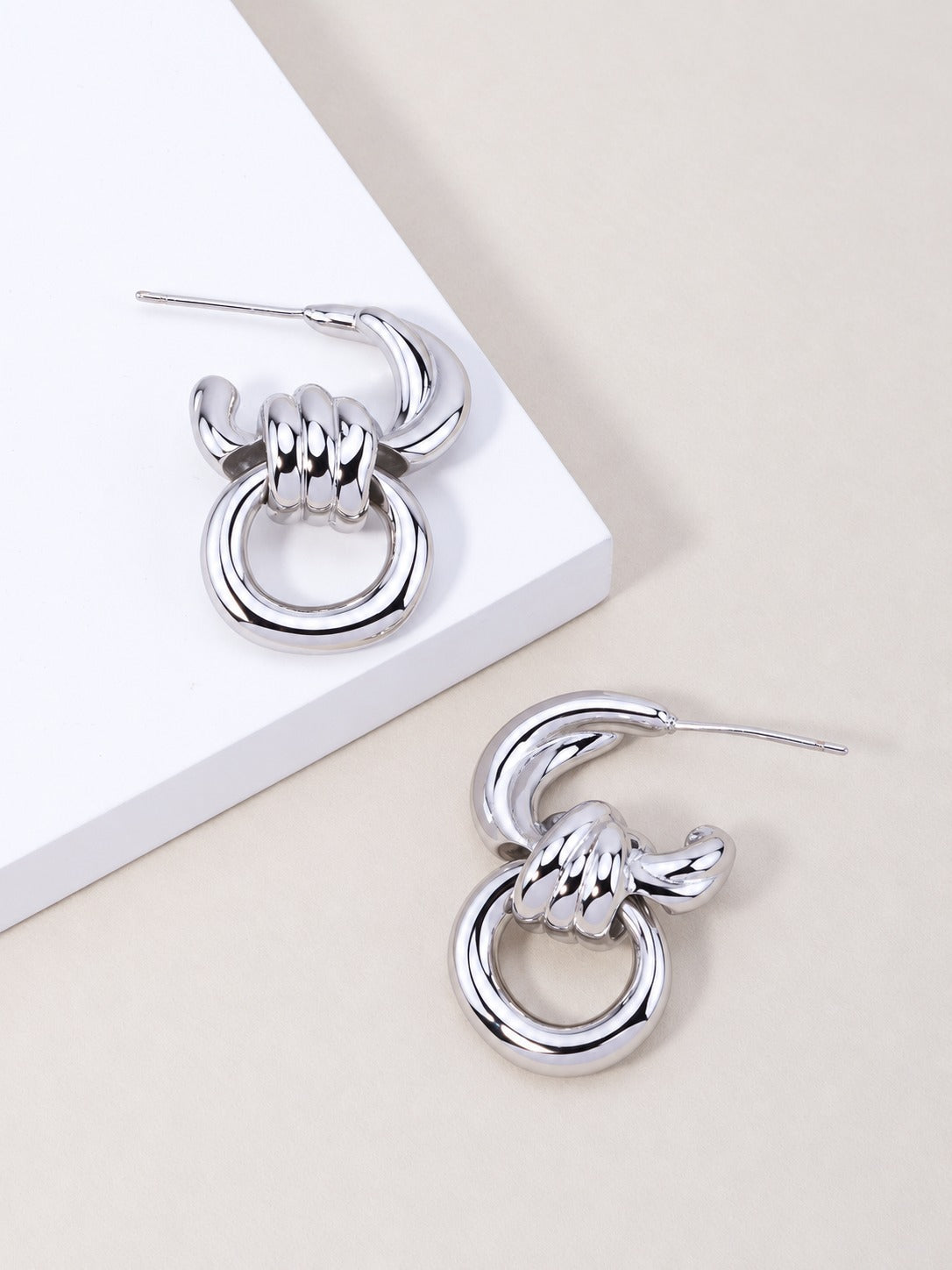 14K Gold Dipped Polished Knot Hoop Drop Earrings - Rhodium