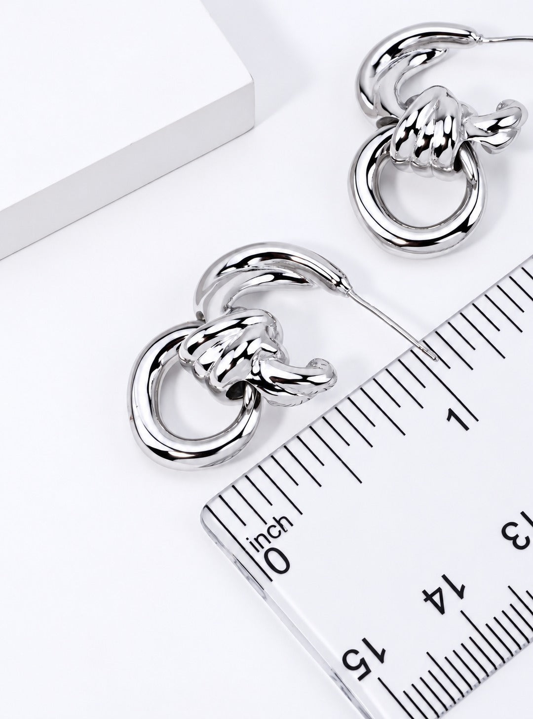 14K Gold Dipped Polished Knot Hoop Drop Earrings - Rhodium