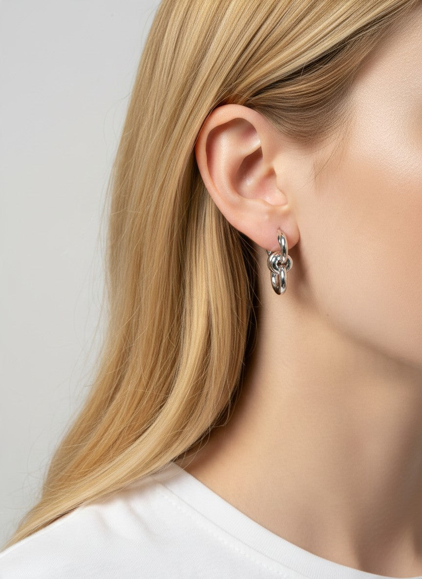 14K Gold Dipped Polished Knot Hoop Drop Earrings - Rhodium