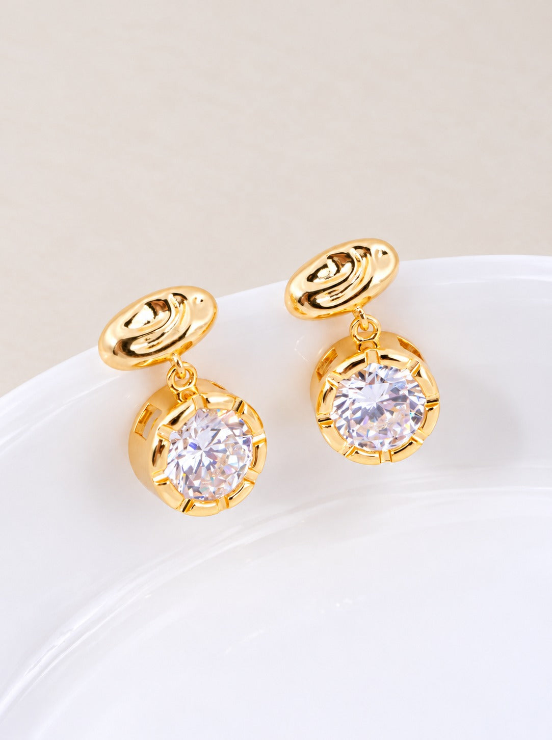 18K Gold Dipped CZ Oval Round Drop Earrings - Gold Crystal