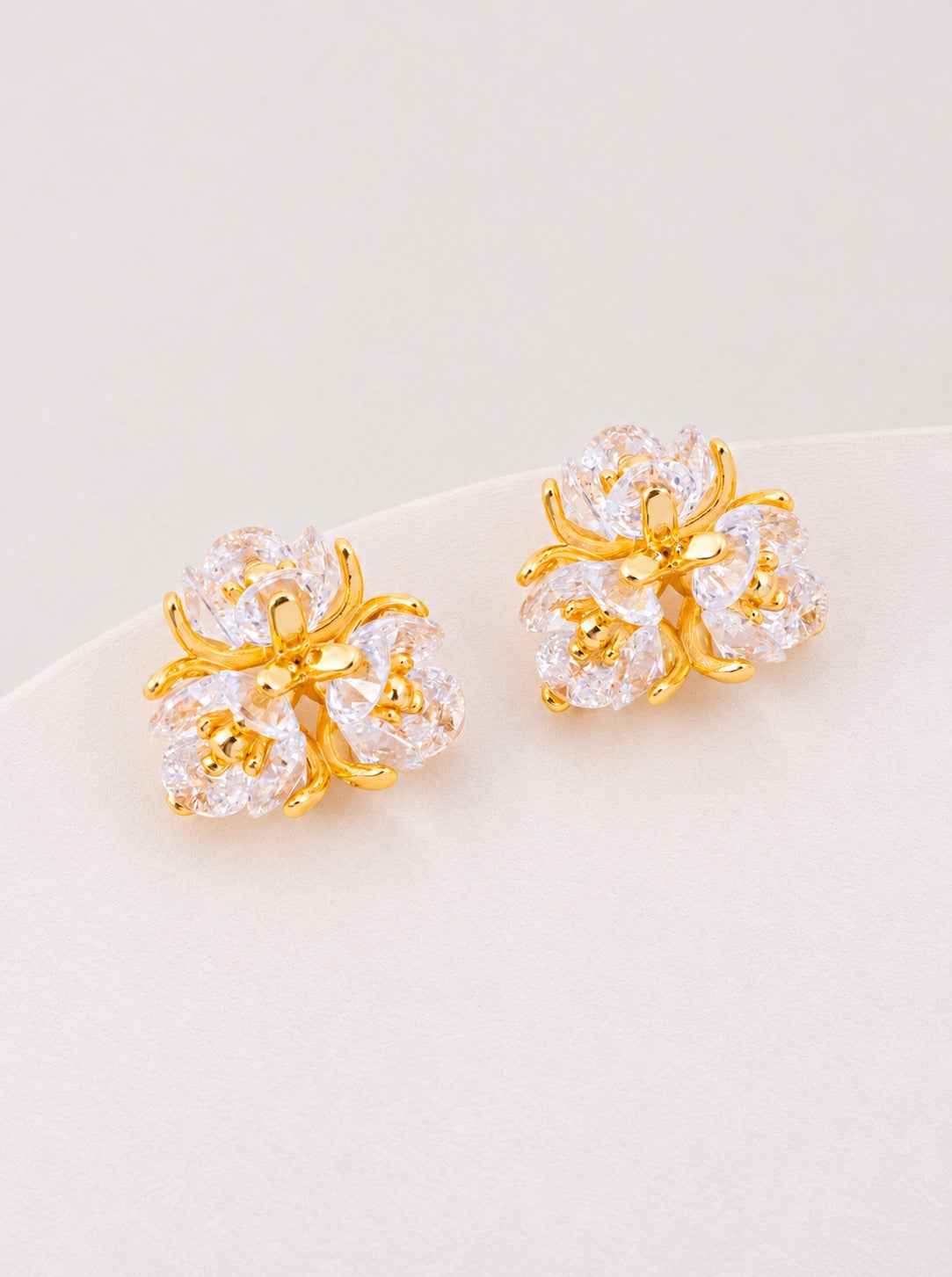 18K Gold Dipped CZ Floral Cluster Stud Earrings - Gold Crystal
