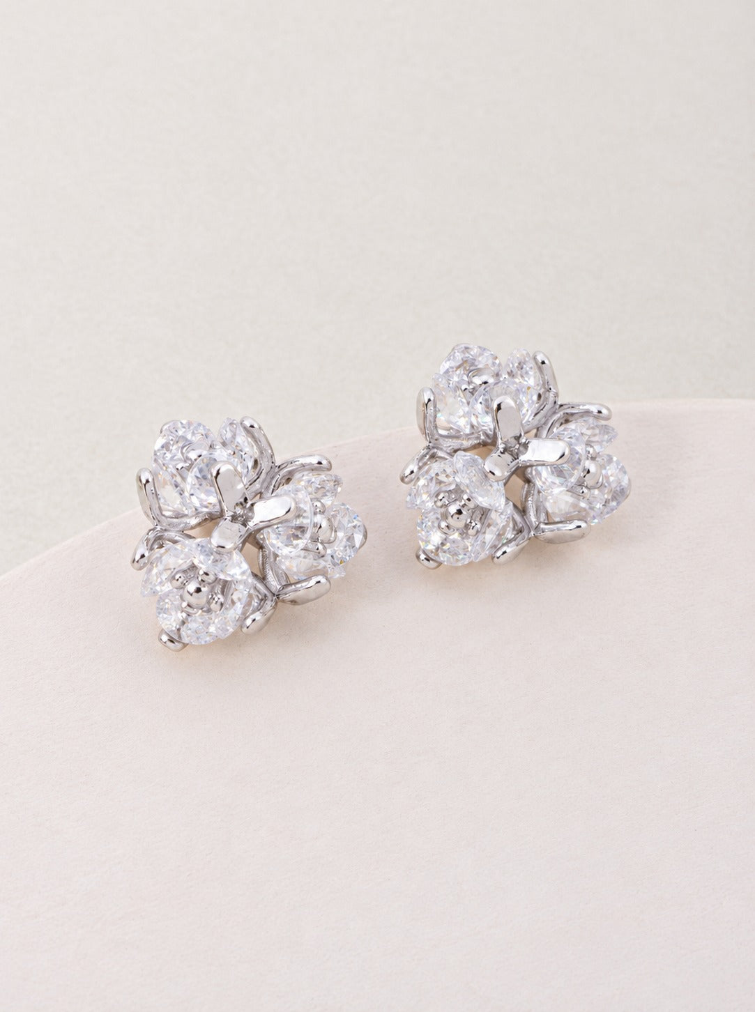 18K Gold Dipped CZ Floral Cluster Stud Earrings - Rhodium Crystal