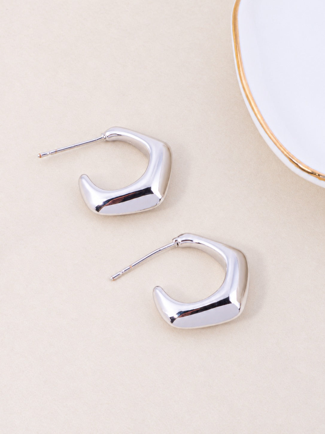 18K Gold Dipped Chunky Geometric Hoop Earrings - Rhodium