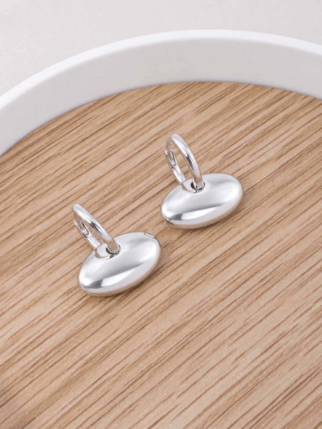 14K Gold Dipped Polished Oval Hoop Drop Earrings - Rhodium