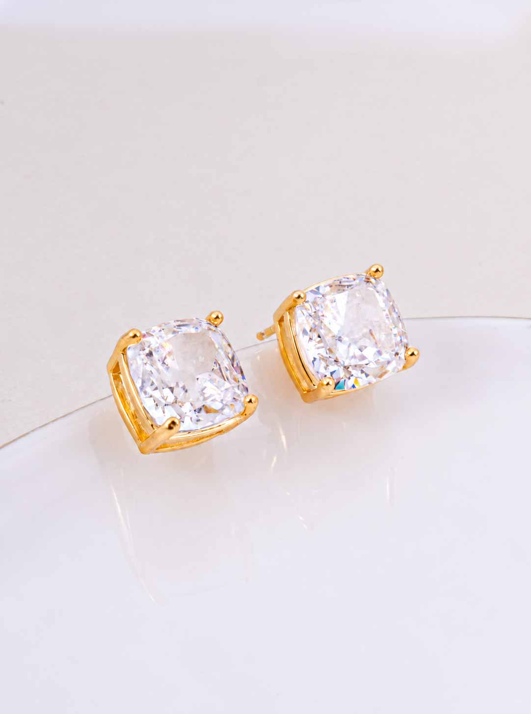18K Gold Dipped CZ Cushion Cut Stud Earrings - Gold Crystal