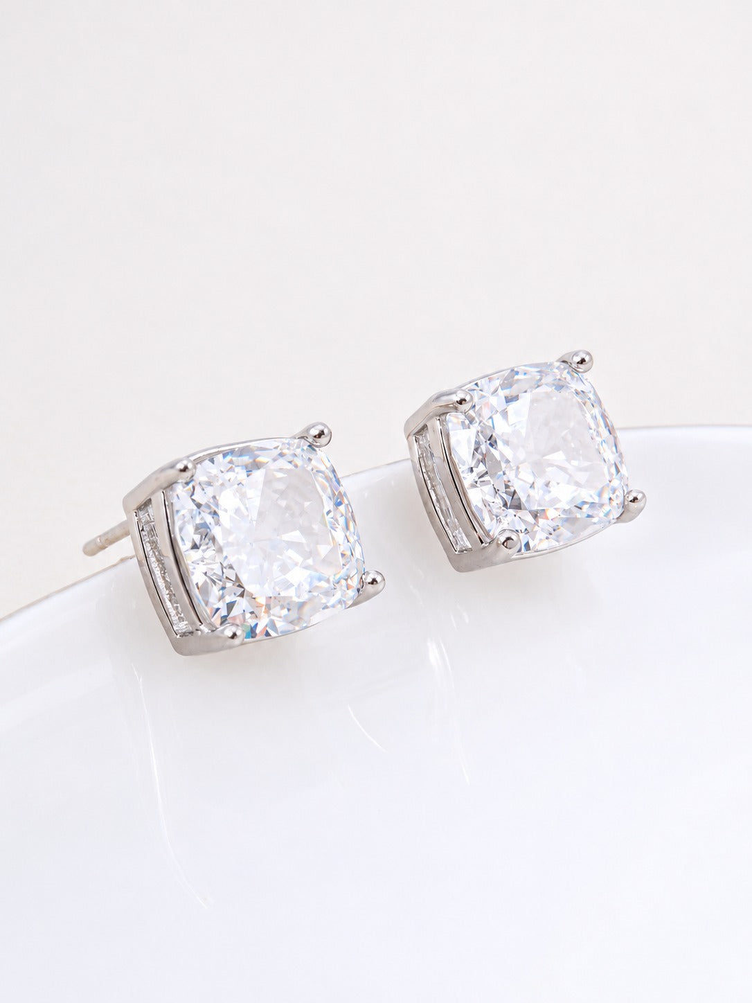 18K Gold Dipped CZ Cushion Cut Stud Earrings - Rhodium Crystal