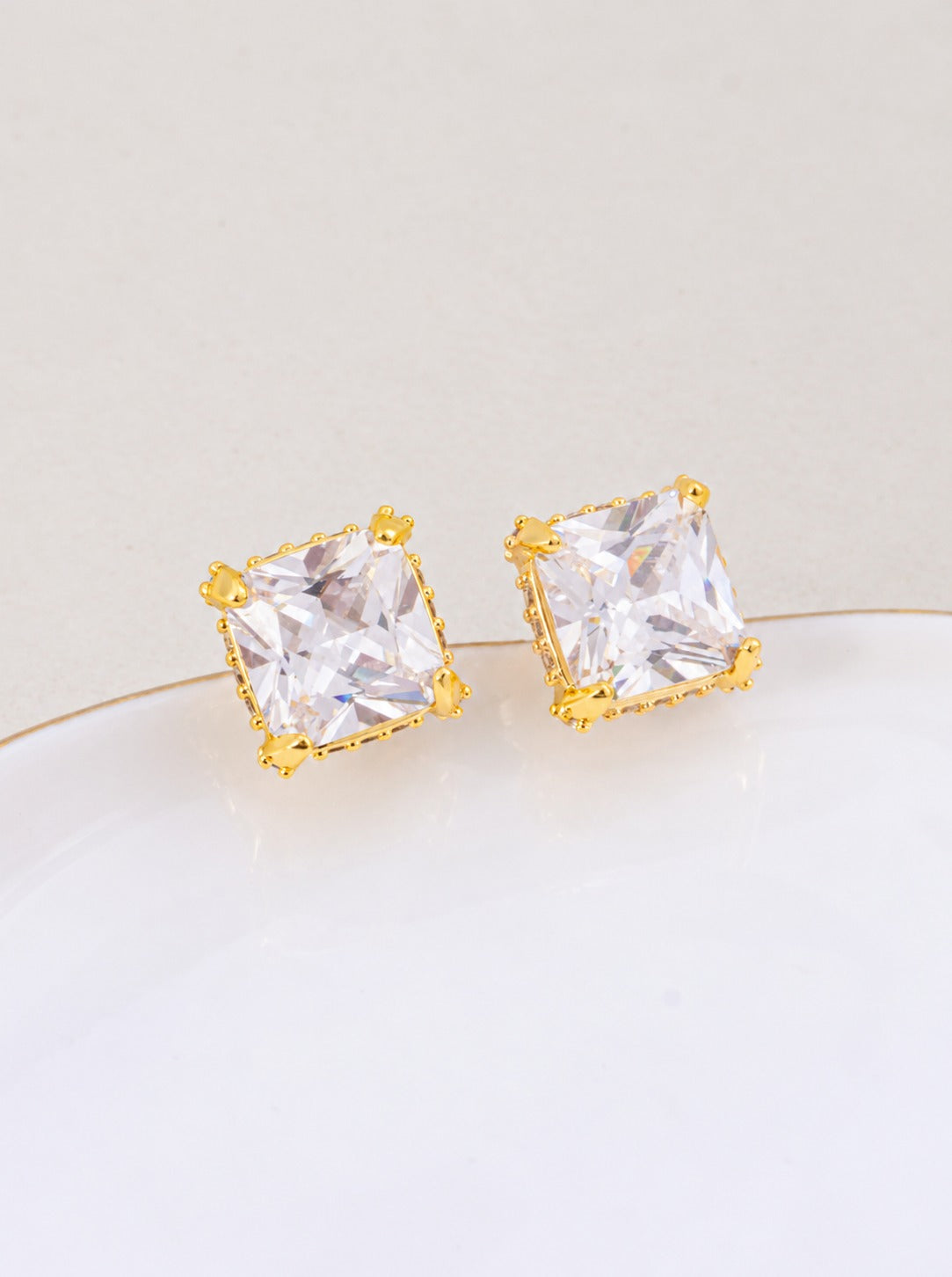 18K Gold Dipped CZ Princess Cut Stud Earrings - Gold Crystal