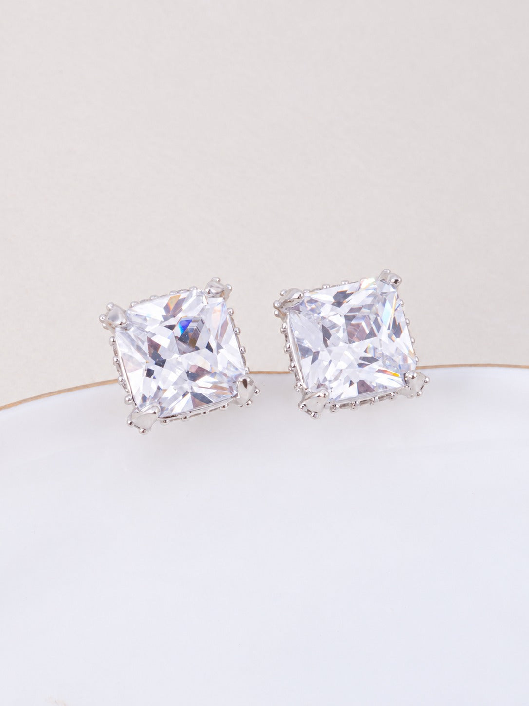 18K Gold Dipped CZ Princess Cut Stud Earrings - Rhodium Crystal