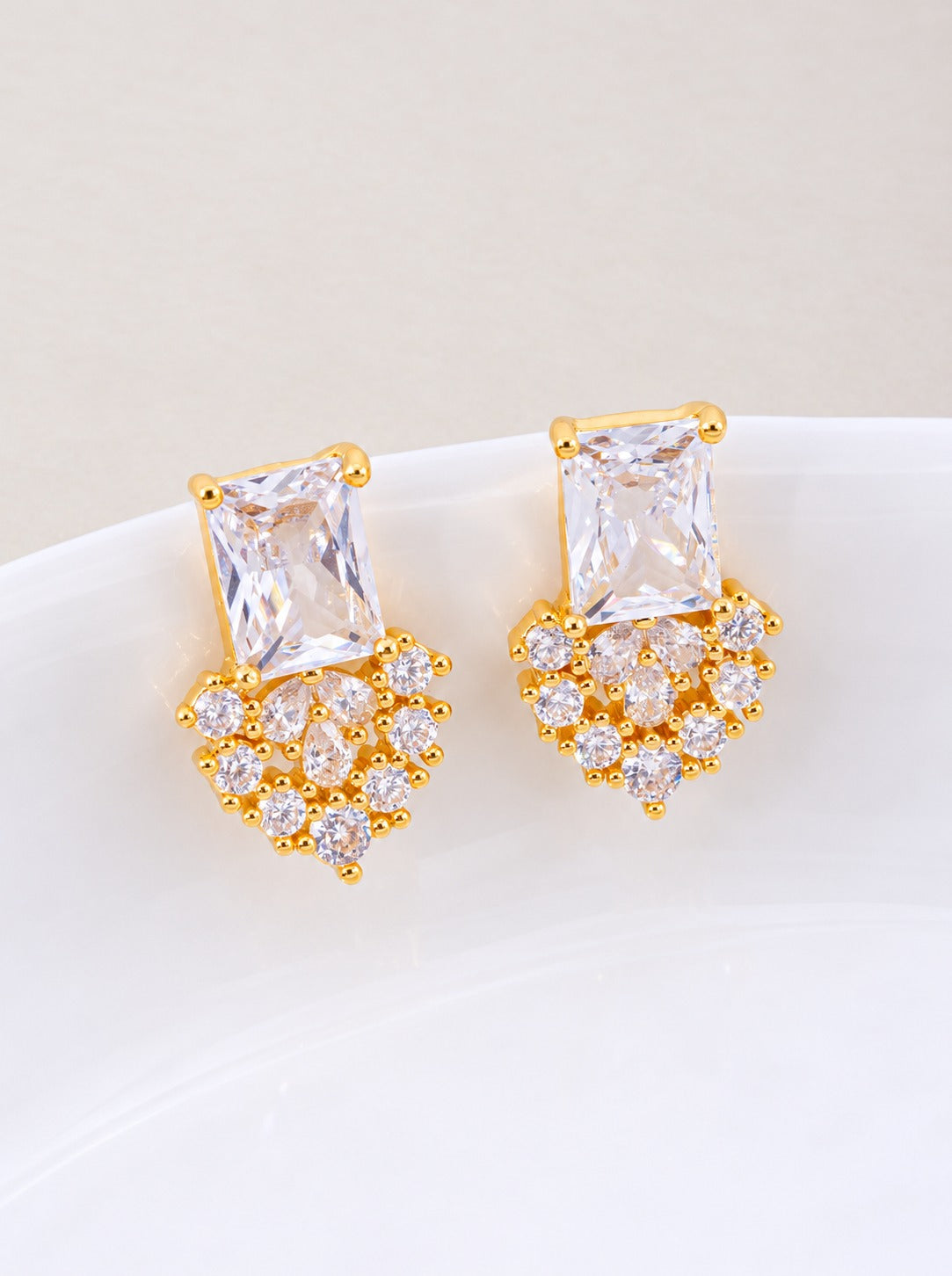 18K Gold Dipped CZ Rectangle Cluster Stud Earrings - Gold Crystal