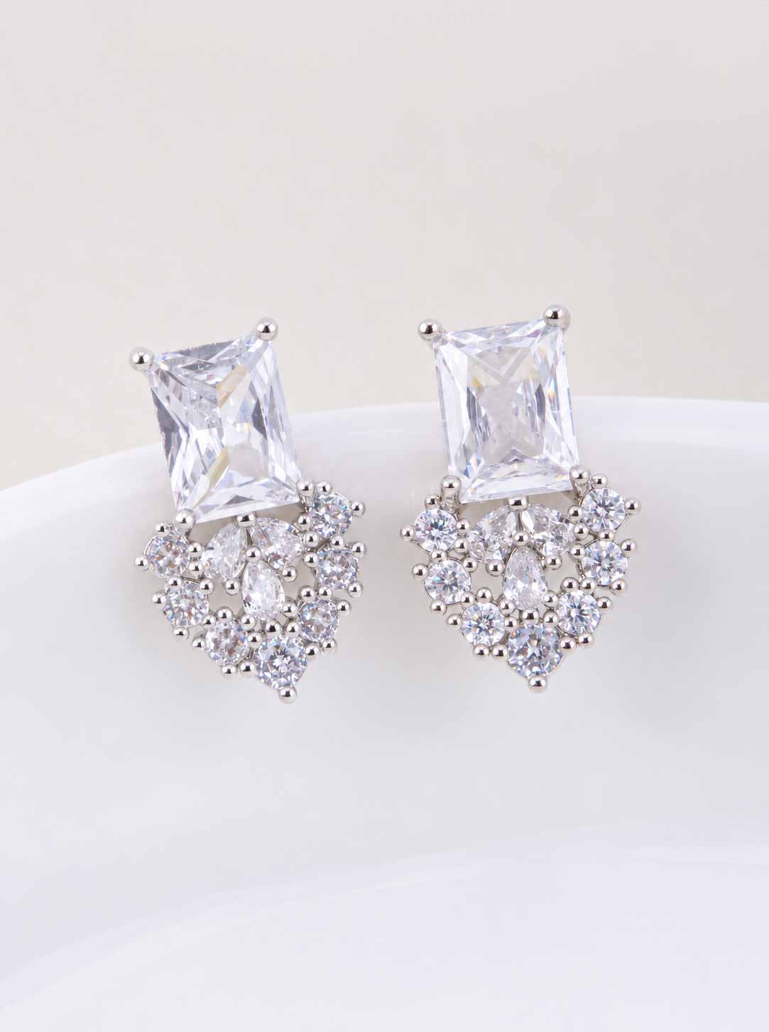 18K Gold Dipped CZ Rectangle Cluster Stud Earrings - Rhodium Crystal