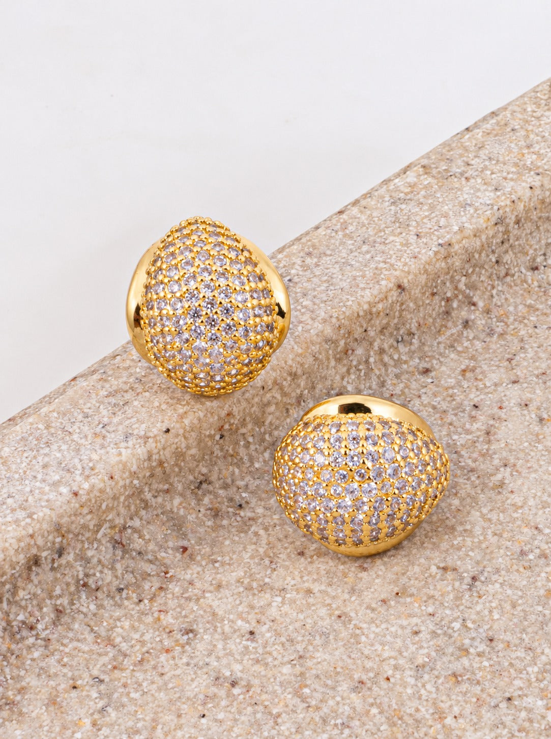 18K Gold Dipped CZ Pave Oval Dome Stud Earrings - Gold Crystal