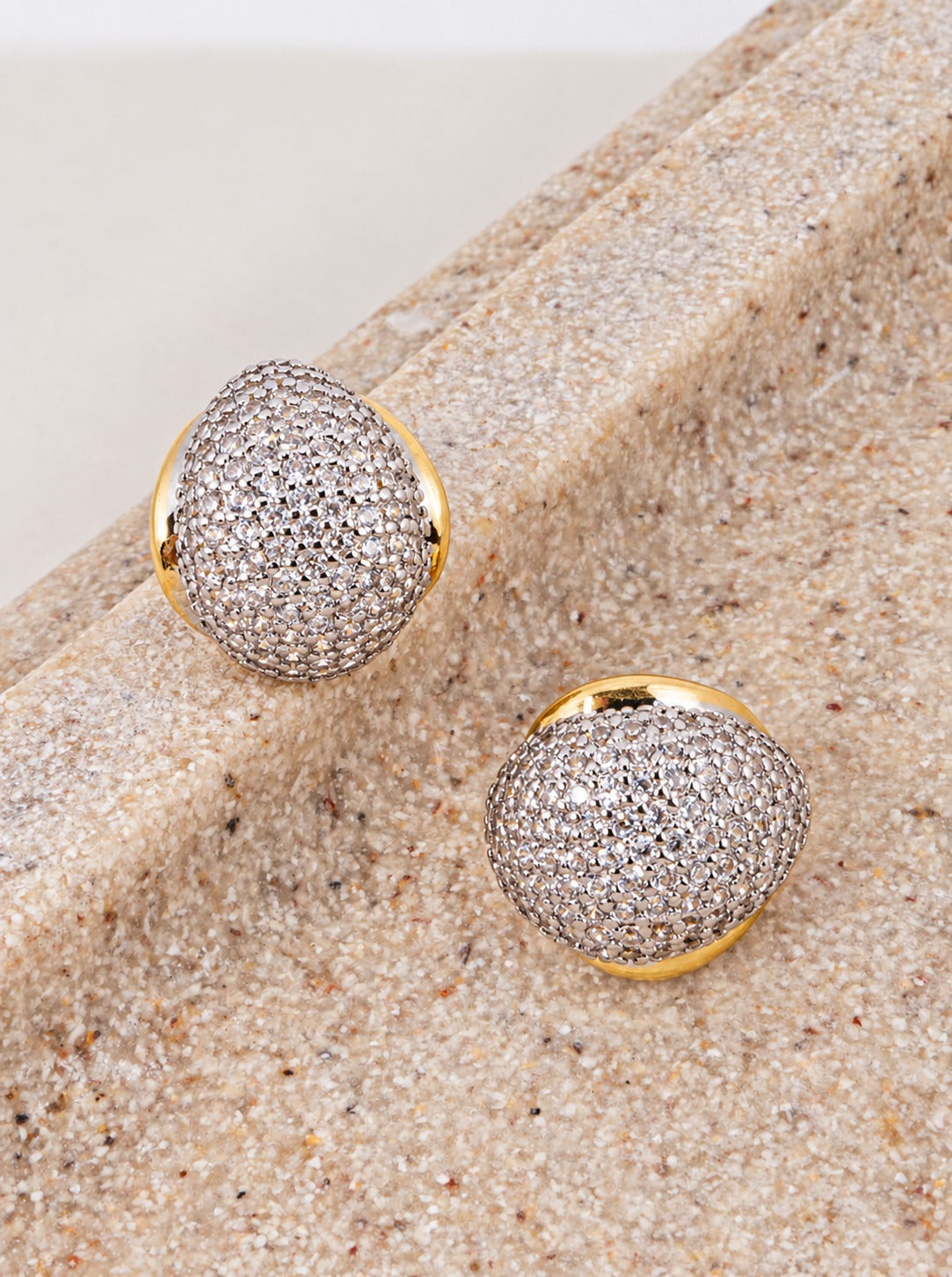 18K Gold Dipped CZ Pave Oval Dome Stud Earrings - Gold Rhodium