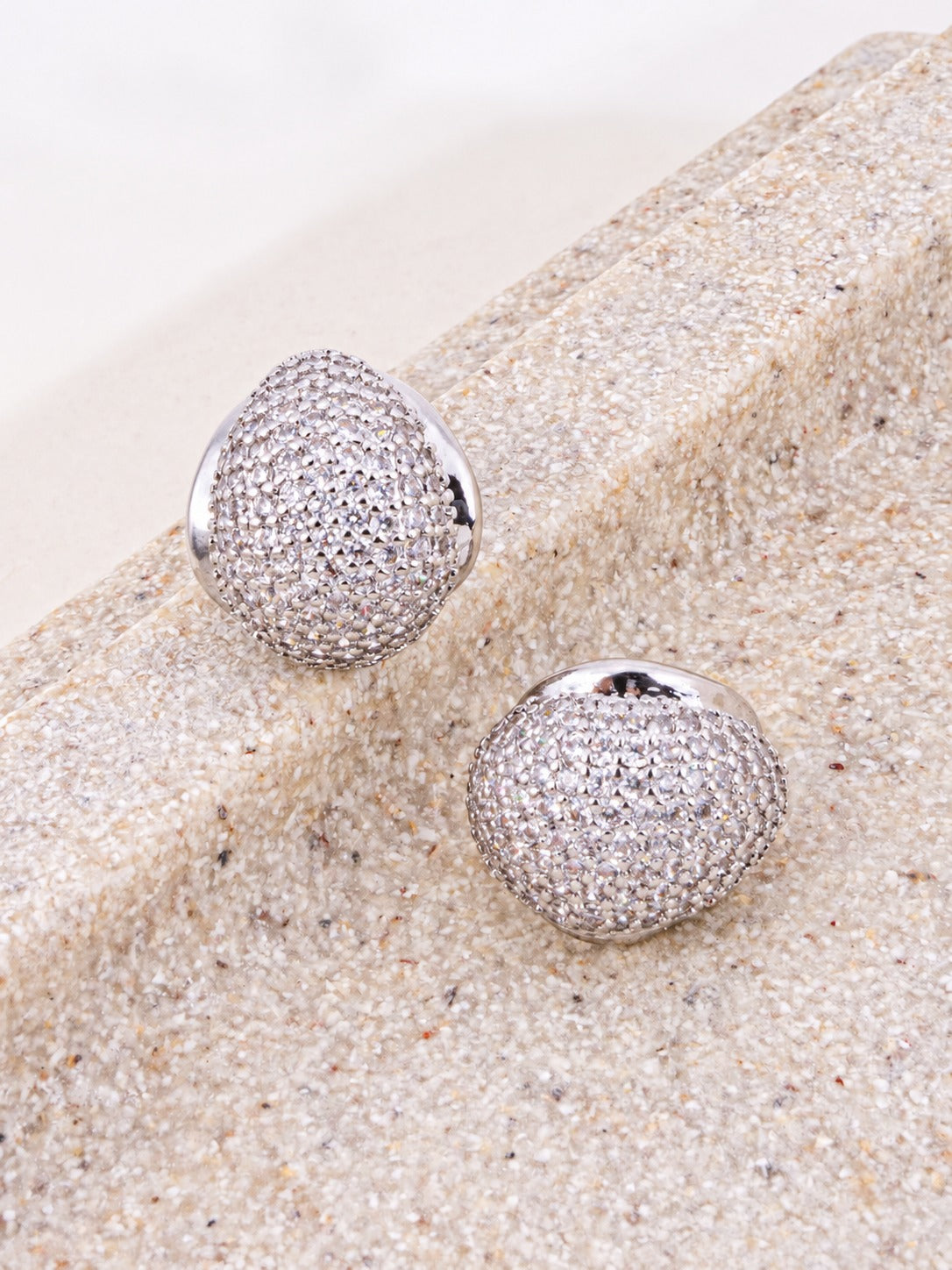 18K Gold Dipped CZ Pave Oval Dome Stud Earrings - Rhodium Crystal